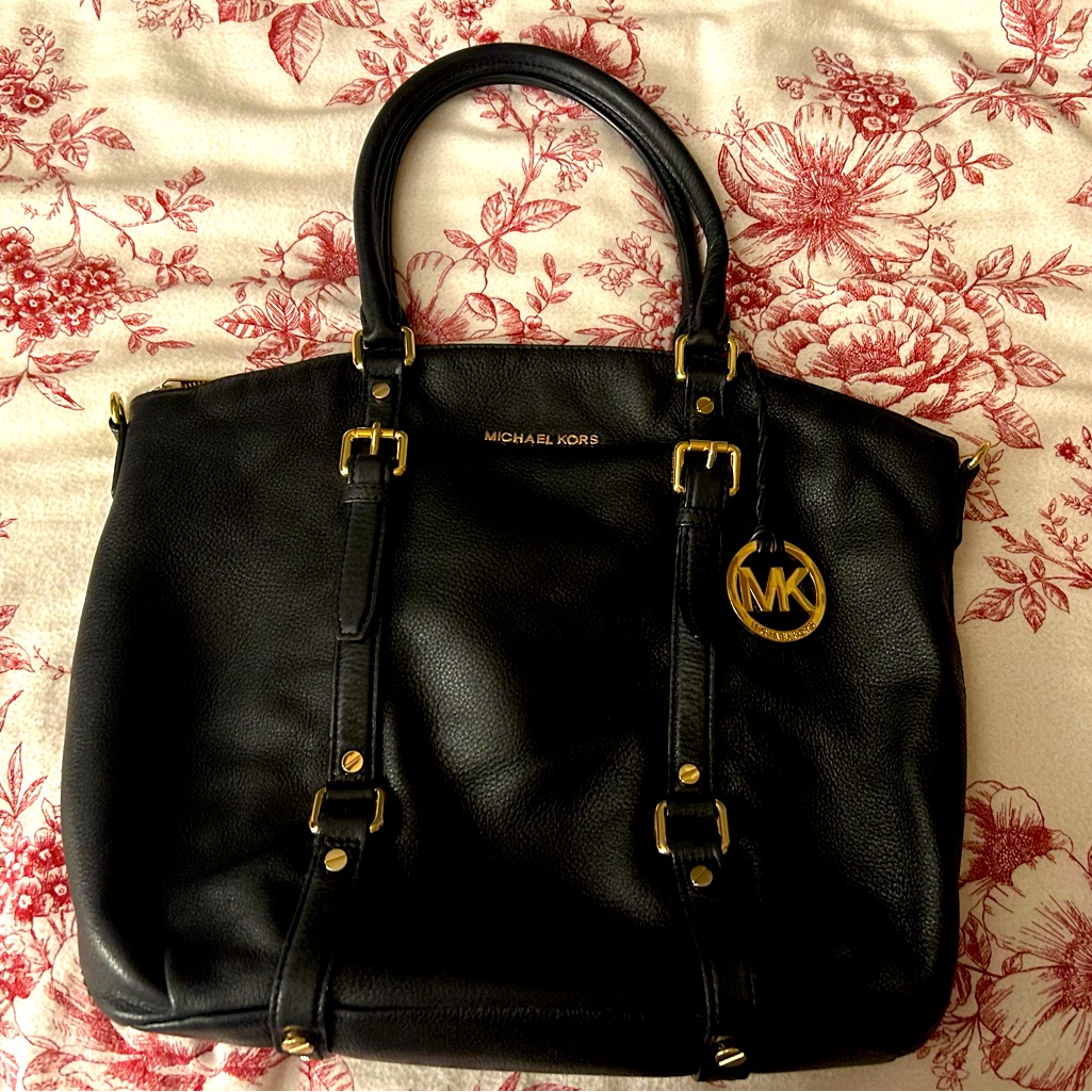 Michael Kors Black Shoulder Bag With Gold Zipper And Buckles.